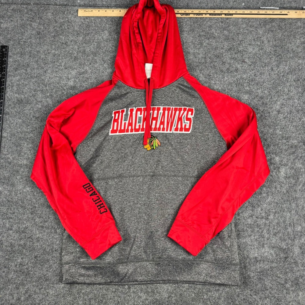 NHL Hoodie Mens Size Large Grey Red Chicago Blackhawks Raglan Performance